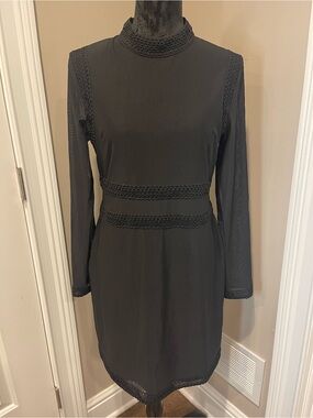 MINKPINK Black Long-Sleeve High Neck Dress with Crochet Trim